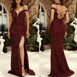 Luxe off shoulder crisscross tie back party formal evening sequins gown dress